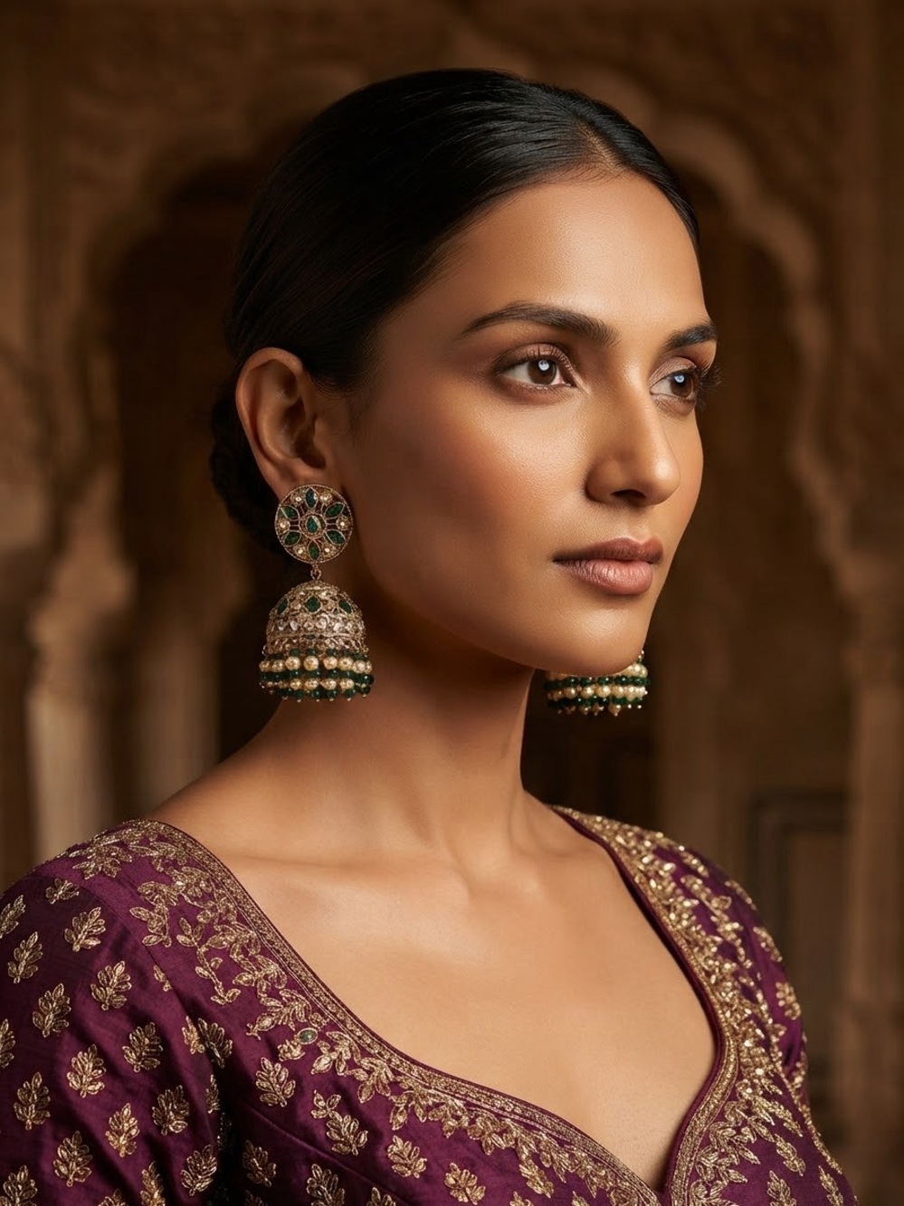 Gold and Green Jhumka Earrings - Traditional Women's Jewelry